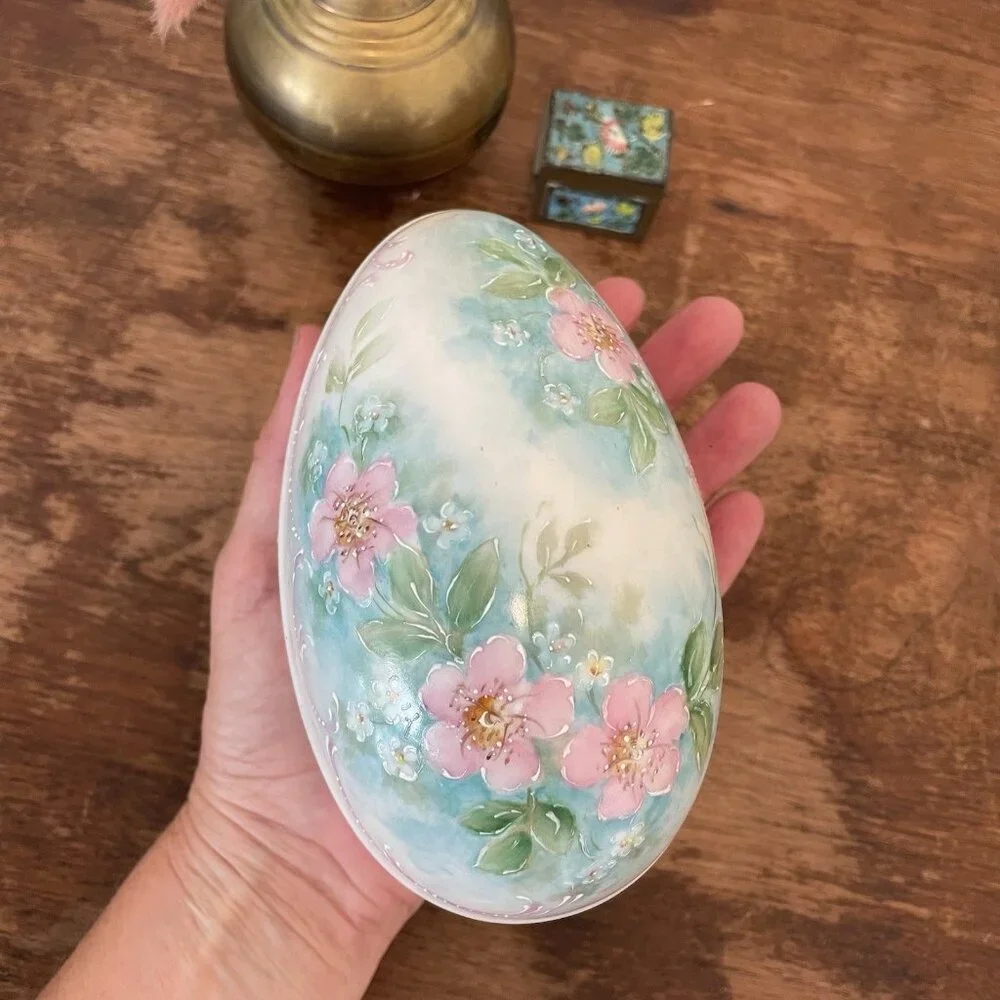 Vintage Porcelain Egg Trinket Box Hand Painted Floral Cottagecore Dresser Decor